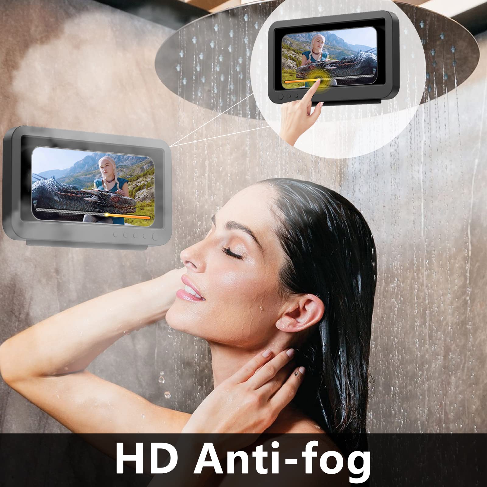 QeeHeng Shower Phone Holder Waterproof - Anti Fog Touch Screen, 360° Rotation Wall Mount for Under 7 Inch Phones, Black